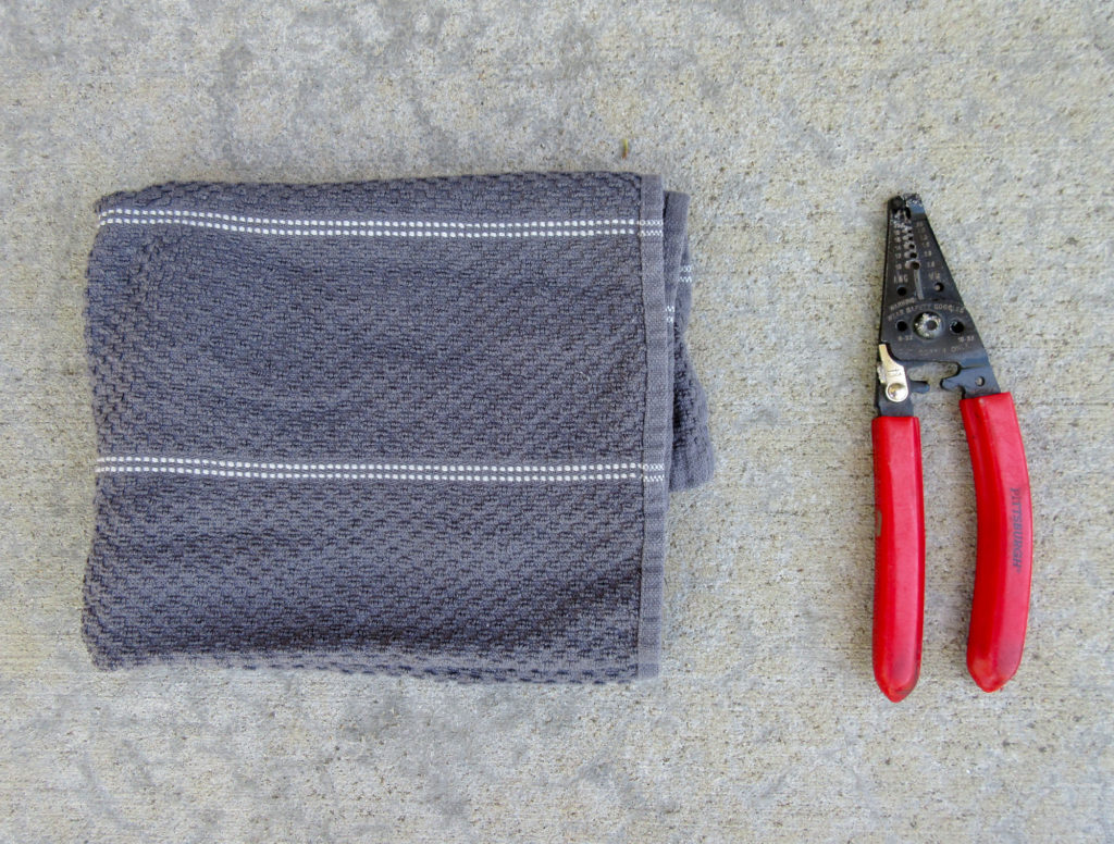 Gray kitchen towel and wire cutters
