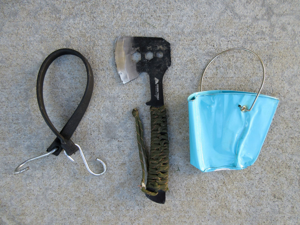 Rubber bungee cord, Ozark power cord hatchet, small baby blue pail smashed flat