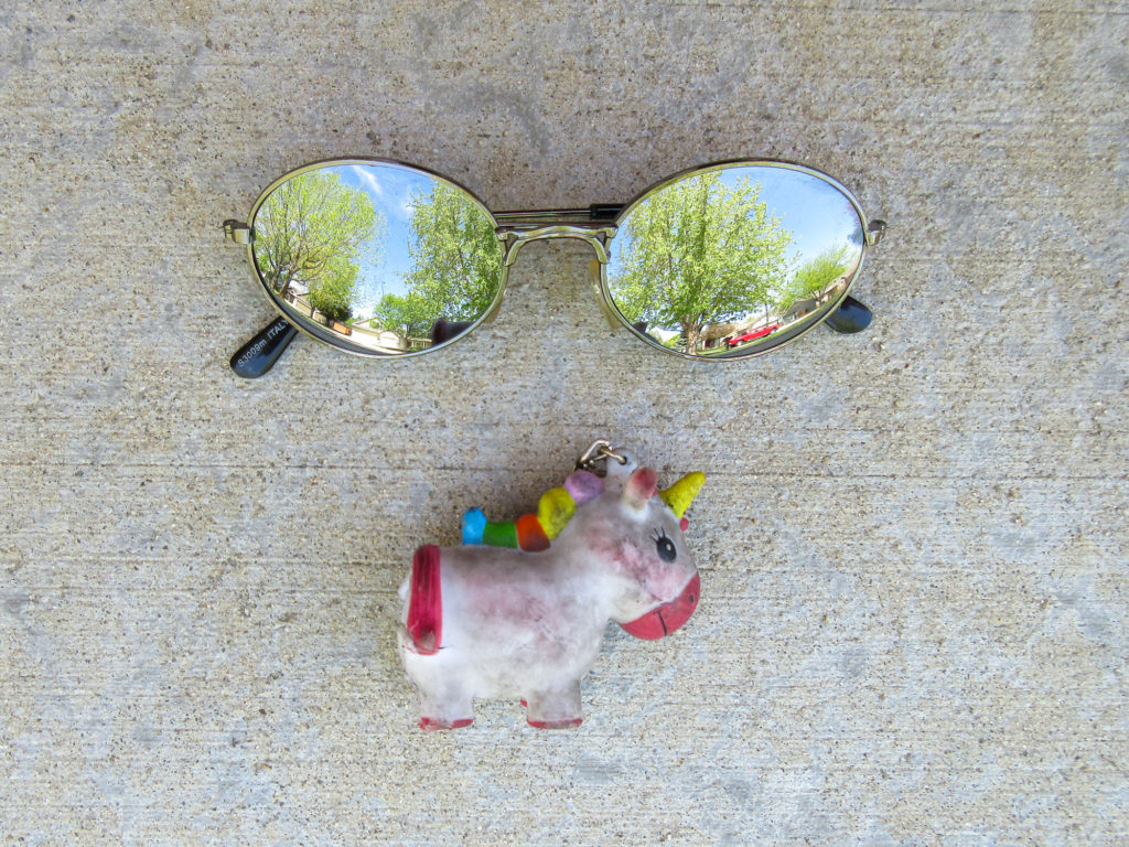Cheap pair of sunglasses and a toy unicorn