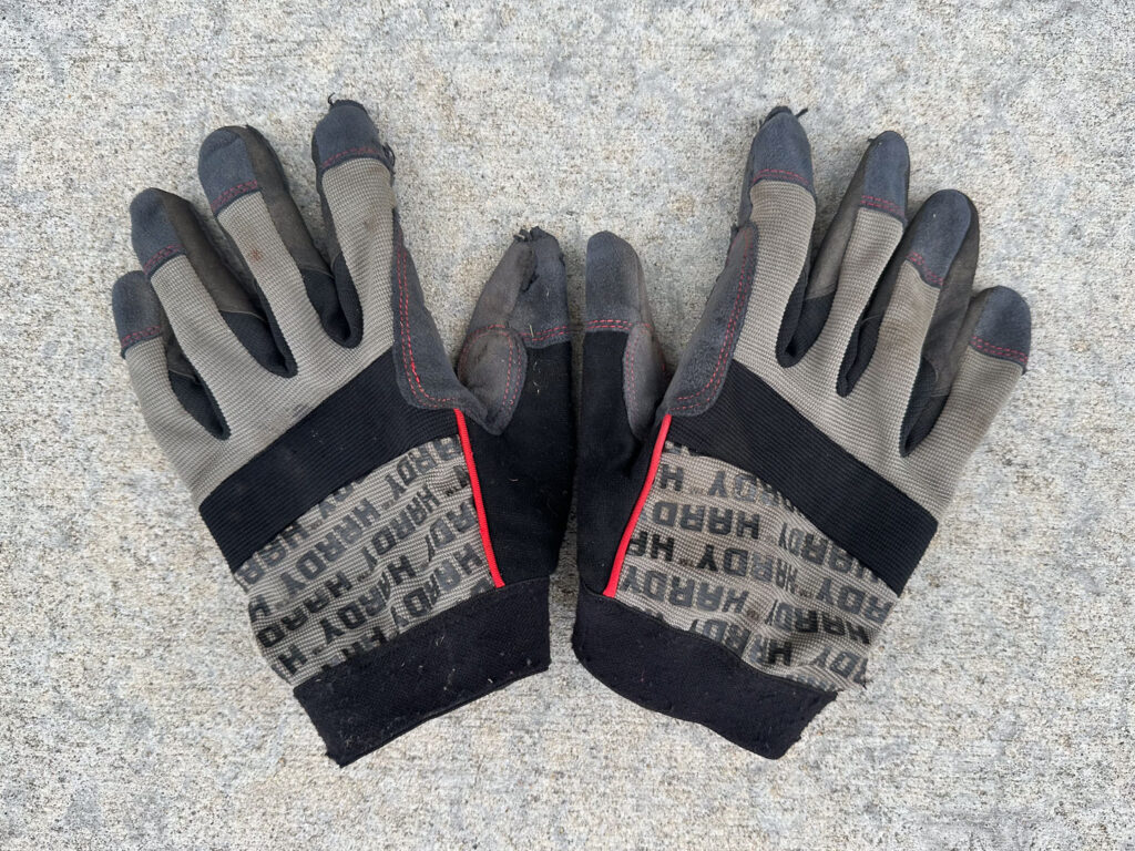 Pair of slightly-worn Hardy work gloves
