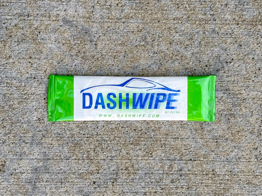 Unopened Dashwipe package, a single-use product for cleaning vehicle dashboards